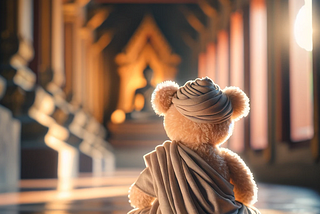 a bear dressed up as a monk practicing his flow state for mindfulness and productivity