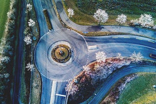 Ariel photo of three roads converging with a roundabout connecting them.