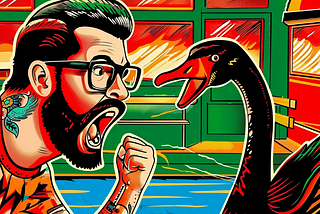 AI image created on MidJourney V6 by henrique centieiro and bee lee, use murphy’s law to protect yourself financially against black swan events, in both stock market and crypto market. a man with tattoo, beard and glasses, fighting against a black swan.