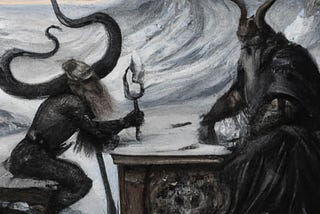 A dark, horned god sits across from the Norse god Odin upon a snowy mountaintop.