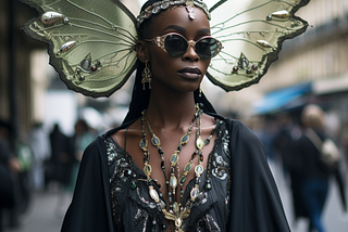 African fashion model wearing a large luna moth headwear piece with a beaded crown, gold and green-tinted glasses, and a black drapey, low cut dress covered in large gold and black beads and beaded necklace.