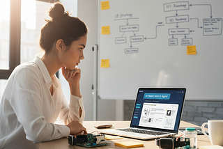 Startup founder at a desk reviewing prior-art results on an AI patent search agent, with prototypes and an IP strategy whiteboard in the background.