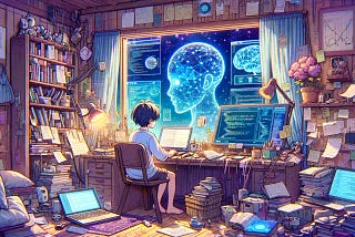 Imagine a scene where a human character, filled with determination and curiosity, is embarking on the journey of learning artificial intelligence skills. The setting is a cozy, yet futuristic study room with a large window showing a digital landscape symbolizing the vast world of AI outside. The character is seated at a desk cluttered with books, notes, and a laptop displaying code and AI algorithms. Above the desk, digital screens float, showing graphs and neural network diagrams. The style is