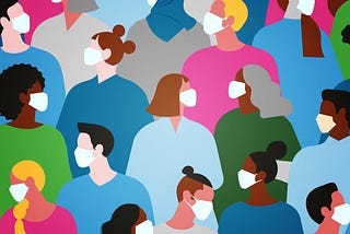 Illustration with people of various races, genders, and ages, looking to the side in profile with masks on.
