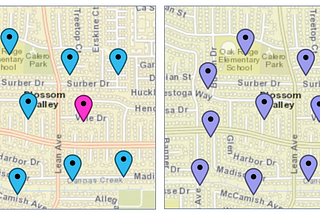 Two sample maps. The map on the left shows a pink marker among a series of blue markers. The map on the right mimics how someone who has color blindness might see the same map: all one color.