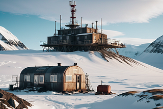 A remote research station in the arctic surrounded by mountains.