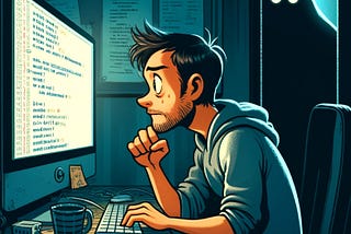 A cartoon image of a programmer typing code on his computer with a worried face. Something or someone is not quite visible in a dark corner.