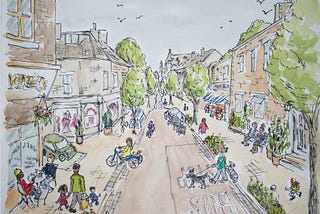 Sketch of South Road as a people-friendly space with bus stops, cycles and wide pavements with seating and trees.