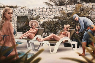 Oil painting of aging super hero caught in the act of helping three vacationing ladies apply sunscreen.