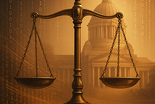 A realistic digital illustration showing the scales of justice balanced against flowing streams of digital code. Warm golden light radiates from the center, casting a hopeful glow. In the background, the dome of the Washington State Capitol appears subtly behind translucent data visualizations. The image blends technology with civic gravitas, evoking themes of integrity, law, and emerging AI governance.