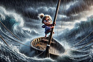 A little girl with glasses holding on to a mast in the middle of a terrible storm at sea