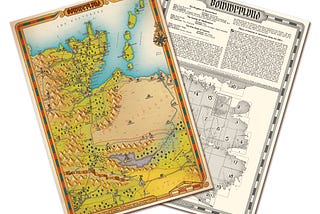 front and back of a map ─ the front side is a colour illustration of the north-eastern portion of a continent, the rear side is black and white with details and a larger map illustration