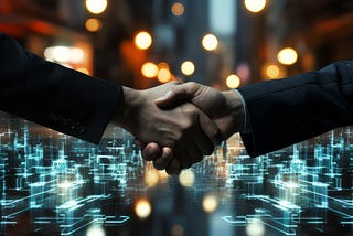 closeup image of a handshake with futuristic lighting elements