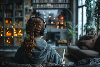 a woman reading a book, listening to white noise while the television provides background.