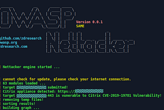 OWASP Nettacker screenshot showing detected and vulnerable Citrix device