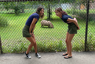Mom and daughter wearing matching navy blue tops and forest green shorts posing with a capybara behind the fence