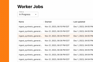 A screenshot of an internal dashboard for Singularity Energy that shows jobs in a table format, including their status and percentage complete.