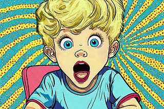 pop art, beautiful boy with golden hair and blue eyes at dinner table, burping with mouth wide open