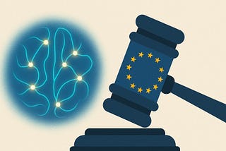 Illustration showing a stylized blue neural network brain on the left facing an EU-branded gavel on the right, symbolizing the regulation of artificial intelligence under the European Union’s AI Act. The neural network has glowing connection points, while the gavel features the circle of yellow stars from the EU flag.