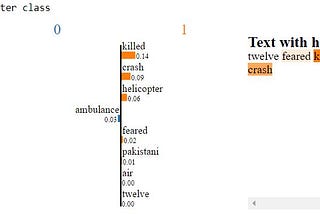 LIME result showing the word killed as the feature with the most weights for the disaster prediction