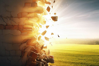 an image of a wall being broken down to reveal a sunny green field