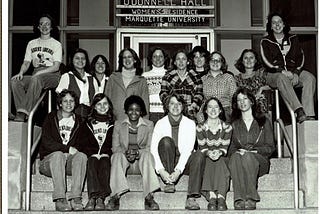 Marybeth Jacobson, Jour ’81 (front row, second from left) and her classmates posed for a dorm “wing” photo outside O’Donnell Hall in spring of 1978