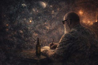 Ran Kime, author of psychological noir and literary fiction, writing at his desk. His work explores memory, addiction, grief, and identity through dark, emotionally grounded storytelling set in working-class Boston environments.