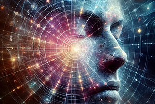 A robotic-like picture of a female human face with many lights coming out of the centre of her face giving it a ‘technological’ feel to it