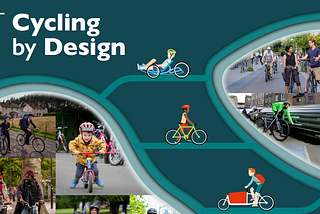 Shows the cover of a document. The cover has white text in the top left corner which reads ‘Cycling by Design’ there are some photos on the cover showing a range of people riding and enjoying different types of bike. Some cartoon illustrations also show people riding different types of bike, including a cargobike with red box at the front, and a recumbent bike with blue frame.