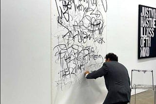 Adam Daley Wilson Artist Creating Performance Art Personal Writing System Artwork at Engage Projects Gallery Chicago in 2023. The Solo Show was an Artforum ‘Must See’ and a Mousse Magazine critic’s selection show in Alignment with EXPO Chicago.