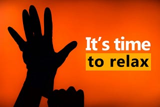 Gloved hand with orange background and text reading “it’s time to relax” in Pornhub format layout. Self-pleasuring at quarantine. Getting prepared for relaxation.