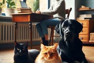 AI image of two cats and a black lab looking at the camera. In the background is a lady at a desk.