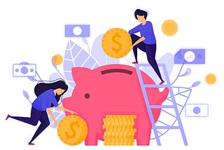 Saving Into a Piggy Bank. Depicts People Putting Money Into Banking to Copy Save and Bank Interest for Return on Investment ROI. Character Concept Vector Illustration For Web Landing Page, Mobile Apps Free Vector