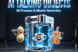 Six animated talking object AI characters on a studio desk representing the 3-output AI video prompt framework used to create 50 viral videos in one week