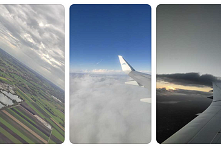 Flight window views stacked together, showing view for cities, clouds, greenery, and sea view