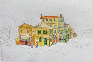 An unfinished drawing of a street corner. Coloured yellow are houses and buildings of different sizes.