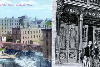 Old-timey illustrations, left to right, Walter Baker Chocolate Factory in Lower Mills area of south Boston and a New York City rescue mission.