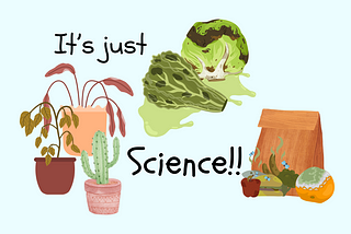 Collage image featuring cartoon drawings of lettuce, various plants, and a bagged lunch with moldy looking items with the words “It’s just Science!!”