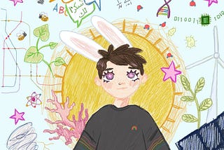 A colored-pencil looking illustration of a figure that resembles Yim with bunny ears, surrounded by various positive AI innovations: public transit, languages, a tornado, solar panels, microchips, DNA, water molecules, plants, sunshine, and coral reefs.