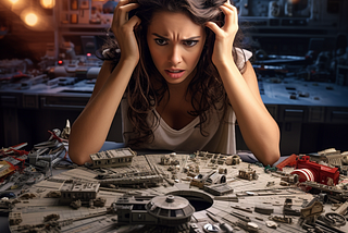 A young woman looking frustrated as she sits in front of a complicated and half-finished lego set.