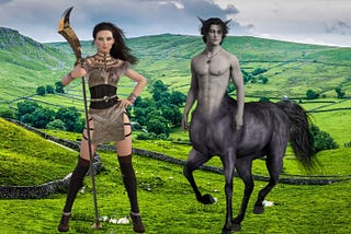 An Amazon holding an elaborate spear next to a Centaur at some green pastures.