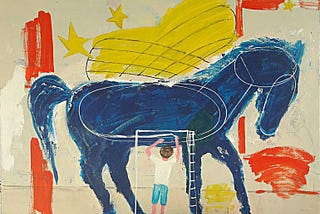 A painting of a boy drawing a blue Trojan Horse.