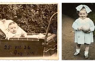 On the left, in a sepia-toned photograph, a baby wearing white peers out of a metal pram. On the right, a smiling toddler wearing a baby blue coat and a very large matching bow holds a ball. The child stands on a dirt path next to green grass.