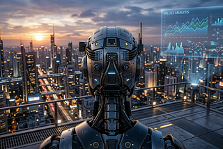 The back of a robot’s head and shoulders, looking out over a city landscape. A transparent hovering box is in the corner, labeled ‘Values analysis’ with a series of unlabeled graphs displayed.
