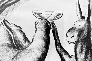 Political cartoon by Fitzpatrick 11/6/1940 of elephant and donkey toasting each other. Caption: “To the president of the United States”