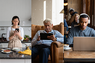Three people using electronic devices to access content services.