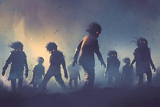 Think of these zombies as old dead poets like Chaucer, Shakespeare, Byron, Whitman, Dickenson and TS Eliot. No, they’re not AI, it’s a hand-painted illustration