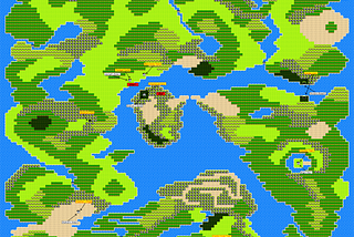 A screenshot of the entire map of Dragon Quest. It is a green island, with mountains, deserts, hills, and trees. Many rivers cross it.