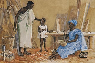 Painting of Jesus as a black boy using a hammer, Joseph watches, touching Jesus’ head warmly, Mary weaves a basket nearby