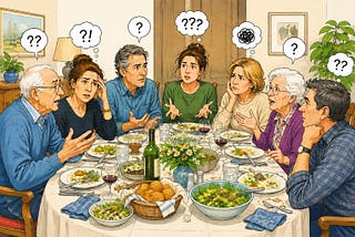 family having dinnner and no one can follow the conversation. Seven people look baffled